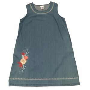 BLAIR Womens Dress Large 100% Cotton Denim Jumper Sleeveless Pockets Embroidery